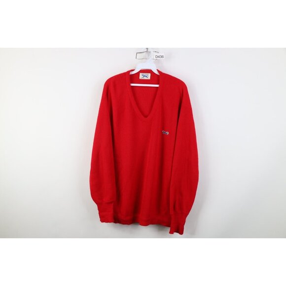 Vintage 70s Streetwear Mens Large Fox Logo Knit V-Neck Sweater Red Acrylic USA